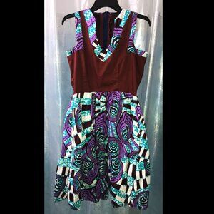 Handmade African Wax Cloth Sleeveless Dress w/Flare - Midi Bubble Skirt -Ex.Con